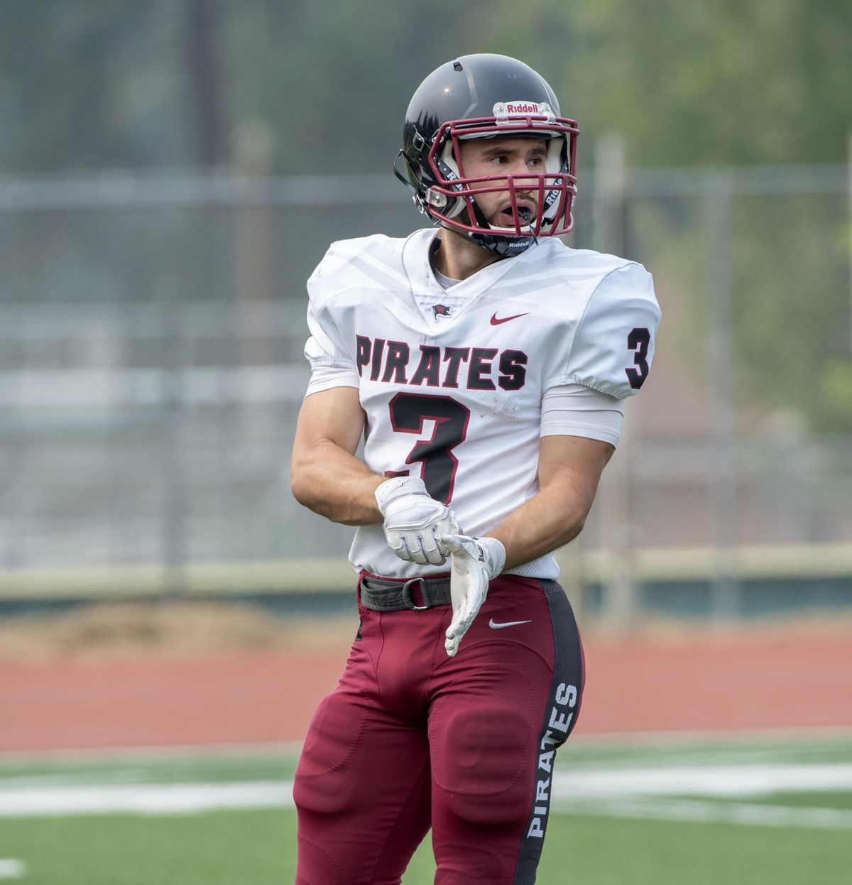 Garrett McKay  of the Whitworth Pirates prepares for the next play  Aug. 25  during a  scrimmage at the Pine Bowl at Whitworth University. (Jesse Tinsley / The Spokesman-Review)