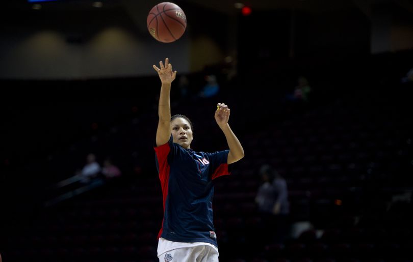 Gonzaga guard Jazmine Redmon takes a shot while warming up before facing James Madison during the first round of the 2014 NCAA women's basketball tournament on Sunday, Mar. 23, 2014, at Reed Arena in College Station, TX. (The Spokesman-Review)
