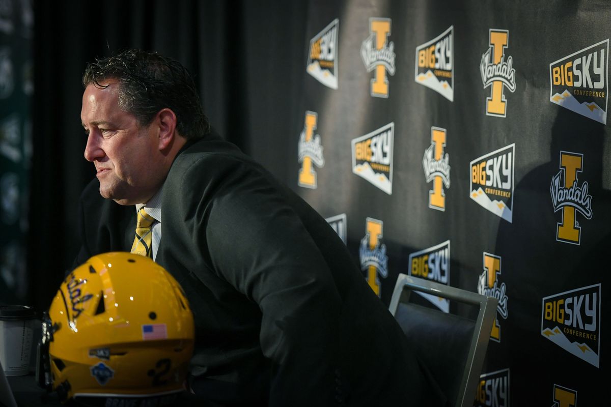 Idaho football coach Jason Eck answers questions from the media, Monday, July 25, 2022, during Big Sky media kickoff day at the Davenport Grand Hotel in Spokane.  (Dan Pelle/The Spokesman-Review)