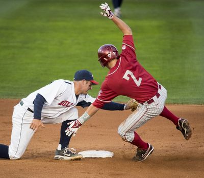 Gonzaga SS Mitchell Gunsolus tags out WSU’s Trek Stemp during a stolen base try. (Colin Mulvany)