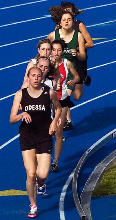 
Odessa's Kysa Conrath was the leader of the pack at the end of the girls 1,600 at the District 7 B meet.  
 (Kathryn Stevens / The Spokesman-Review)