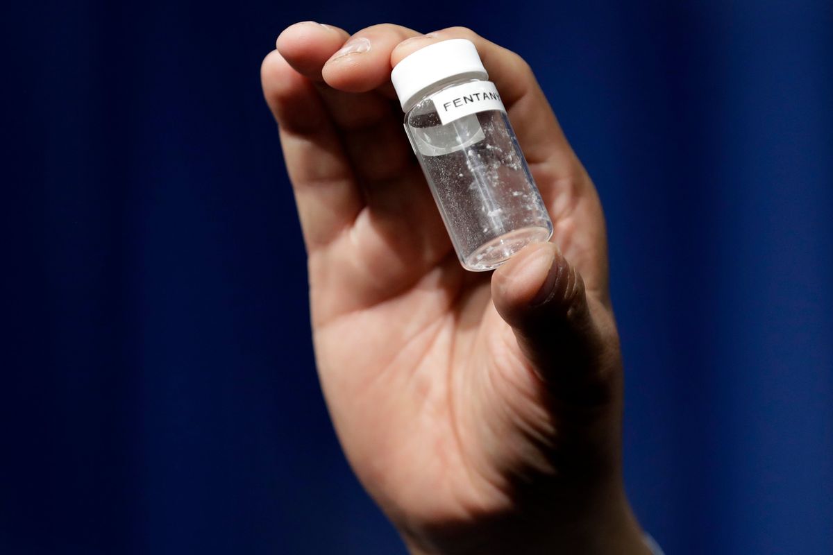 FILE - In this June 6, 2017 file photo, an example of the amount of fentanyl that can be deadly after a news conference about deaths from fentanyl exposure, at DEA Headquarters in Arlington Va.   (Jacquelyn Martin/AP)