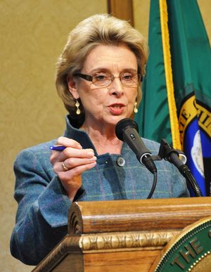 OLYMPIA -- Gov. Chris Gregoire discusses the recently completed legislative session at a press conference on April 12, 2012 (Jim Camden)