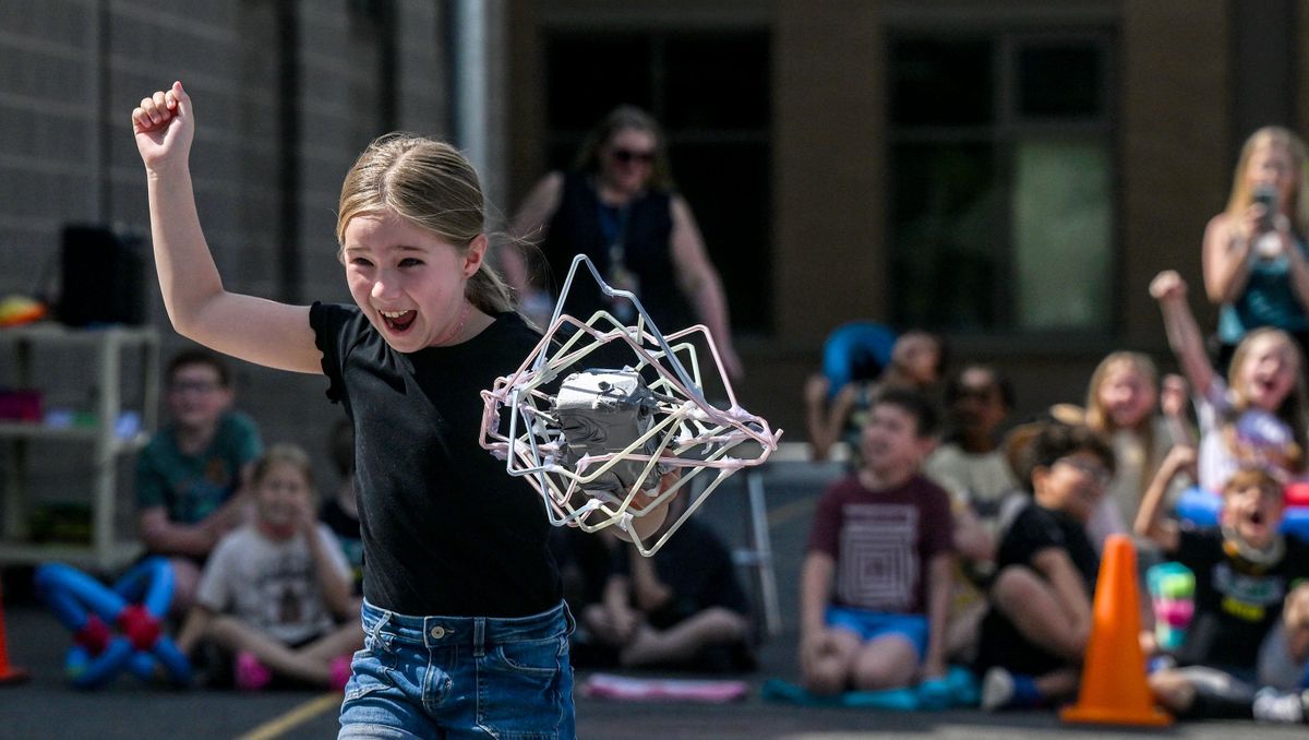 Westview Elementary third-grader Calliope Hultquist celebrates Wednesday after her egg survived intact during the egg drop event. (Kathy Plonka)