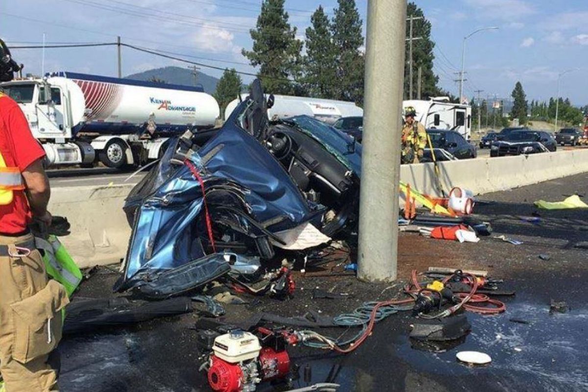 A vehicle involved in a crash on I-90 Sunday. Suspect Ian M. Bolstad, 24, of Newport has been taken into custody, and is suspected of causing other crashes in Washington and Idaho. (Idaho State Police)