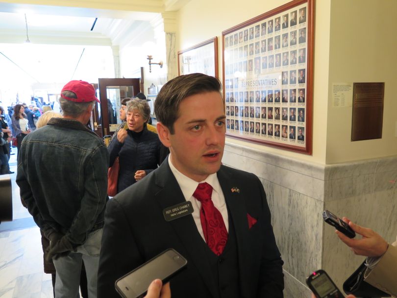 Rep. Greg Chaney, R-Caldwell, answers questions from reporters after the House State Affairs Committee on Monday introduced his immigration bill (Betsy Z. Russell)