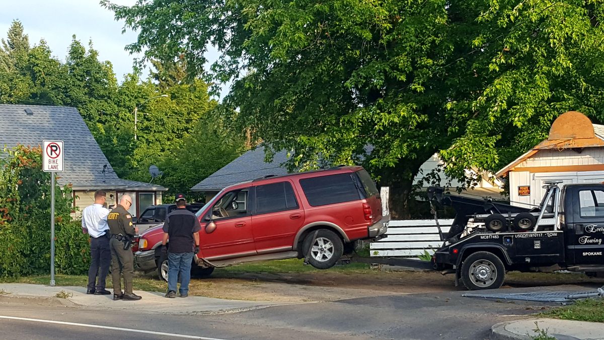 Police say 31-year-old Jonathan Andersen killed a woman Sunday, July 7, 2019 in north Spokane over a stolen purse. Andersen was arrested Monday afternoon after Spokane County sheriff’s depuites caused his vehicle to crash in a north Spokane neighborhood. (Chad Sokol / The Spokesman-Review)