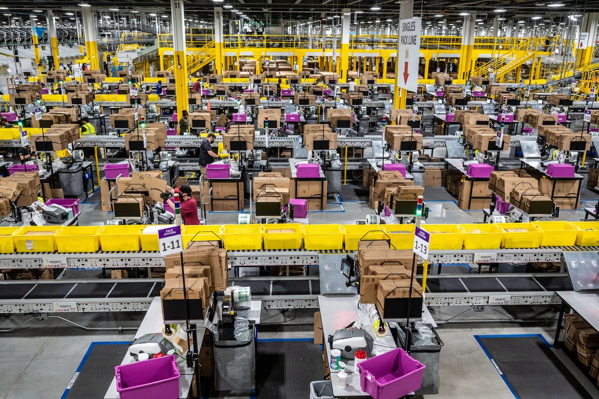 The packing section is just a small portion of the 2.6 million sq. foot Amazon fulfillment center that recently opened on the West Plains,  (Colin Mulvany/THE SPOKESMAN-REVIEW)