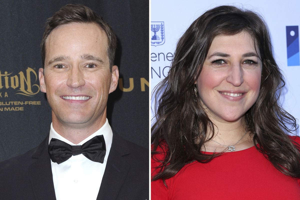 This combination photo shows Mike Richards, left, in the pressroom at the 43rd annual Daytime Emmy Awards on May 1, 2016, in Los Angeles and Mayim Bialik at a Celebration of the 70th Anniversary of Israel on June 10, 2018, in Los Angeles. Eight months after the death of beloved “Jeopardy!” host Alex Trebek, the daily syndicated quiz show chose its executive producer as Trebek’s successor over a field of celebrity candidates. Sony also chose Mayim Bialik as emcee for “Jeopardy!” primetime and spinoff series, including a new college championship.   (Richard Shotwell)