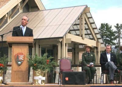 
Interior Secretary Dirk Kempthorne speaks at the opening ceremonies for a new visitors center in Yellowstone National Park, Wyo., on Friday. Kempthorne said President Bush has directed him to develop projects using private and public funds for the benefit of the Park Service and its visitors. 
 (Associated Press / The Spokesman-Review)