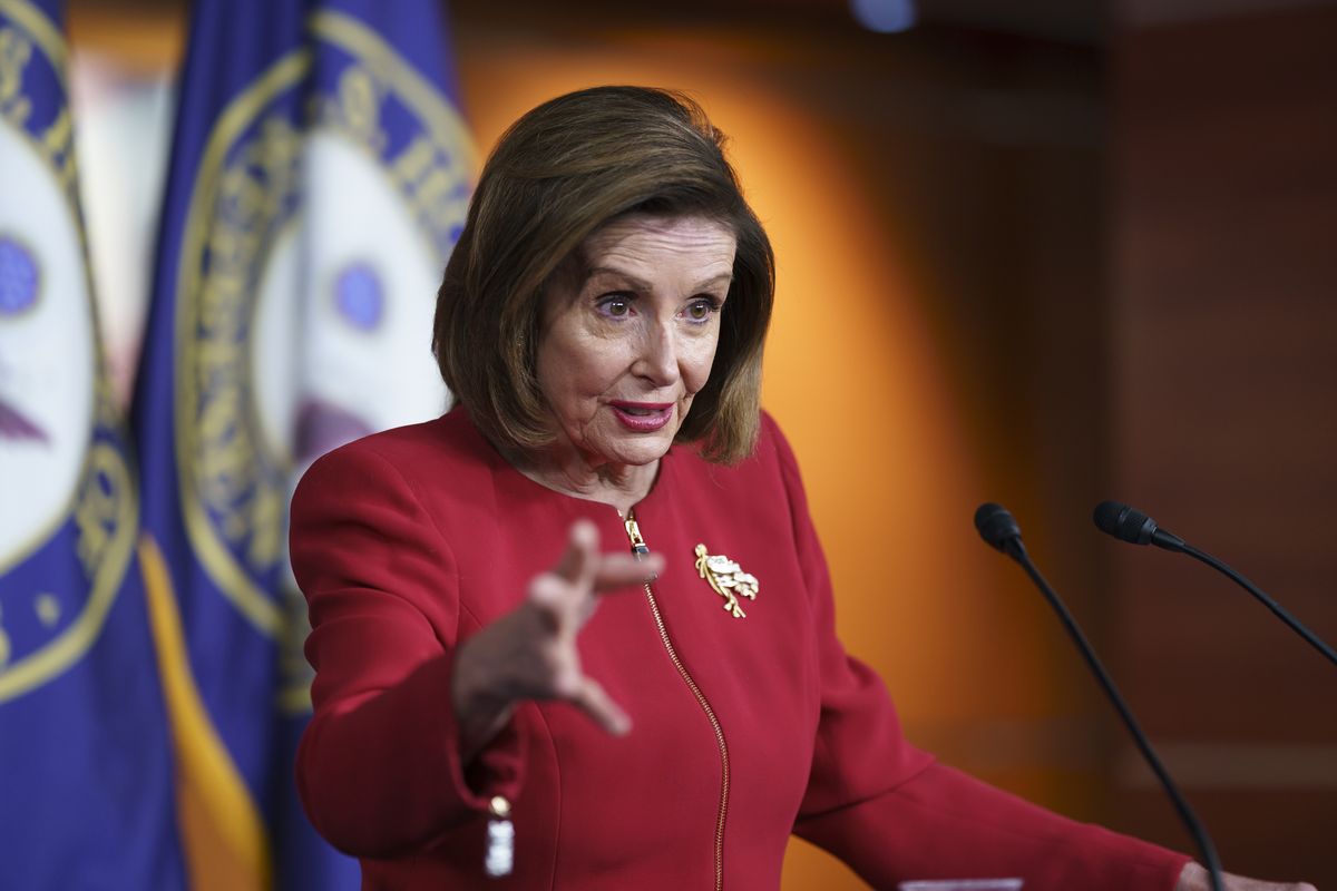 FILE - In this Sept. 8, 2021, file photo speaker of the House Nancy Pelosi, D-Calif., meets with reporters to discuss President Joe Biden