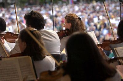 
Members of the string section play during a Spokane Symphony park concert. Every year, thousands of area residents gather over the Labor Day holiday to enjoy a picnic and music.  
 (File / The Spokesman-Review)