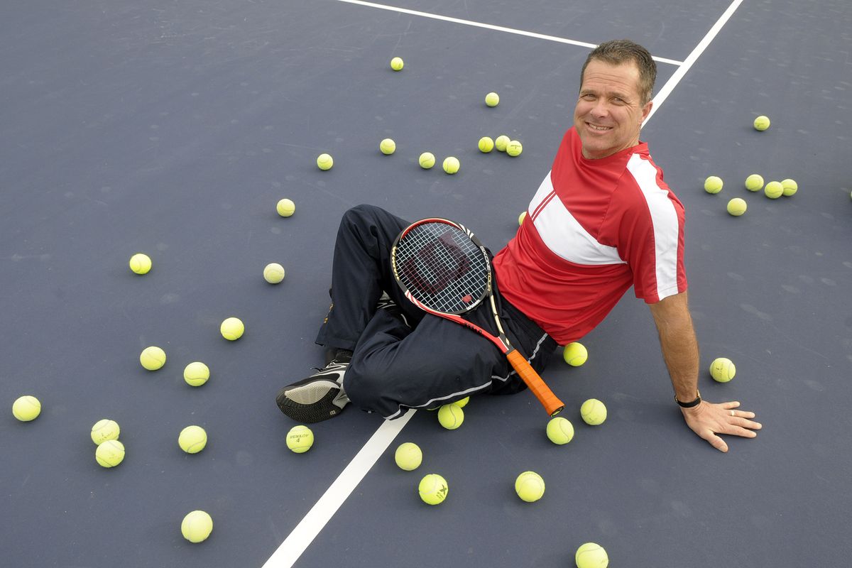 Steve Clark is a former NCAA Division I tennis coach who has changed careers and moved to Colbert for his family. He takes a break on his home court. (PHOTOS BY CHRISTOPHER ANDERSON chrisa@Spokesman.com / The Spokesman-Review)