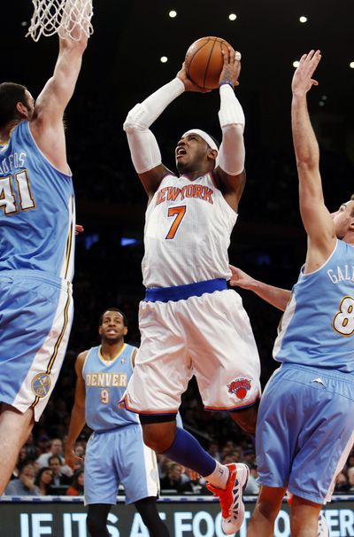 Knicks’ Carmelo Anthony had 34 points against his former club. (Associated Press)