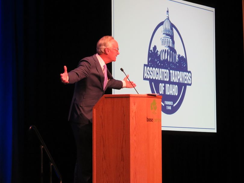 Former Idaho Gov. Dirk Kempthorne speaks Wednesday, Dec. 6, 2017, in Boise at the Associated Taxpayers of Idaho annual conference. (Betsy Z. Russell)