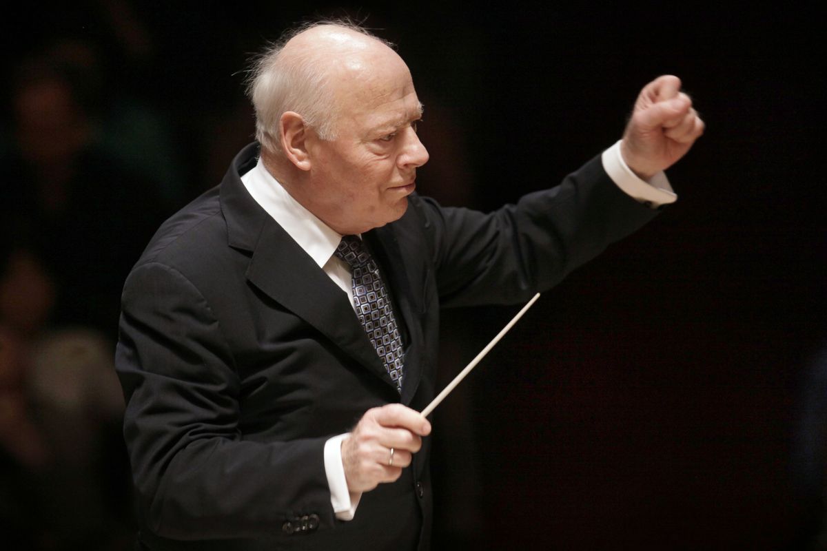 In this Friday, Nov. 20, 2009 photo, Principle Conductor of the Chicago Symphony Orchestra Bernard Haitink conducts the Boston Symphony Orchestra in the Brahms Symphony No. One in Boston. Bernard Haitink, a Dutch conductor of refinement and grace who led the Royal Concertgebouw Orchestra for 27 years and held leadership positions in London, Chicago and Boston, died at his home in London on Thursday, Oct. 21, 2021, his management agency announced. He was 92.  (Steven Senne)