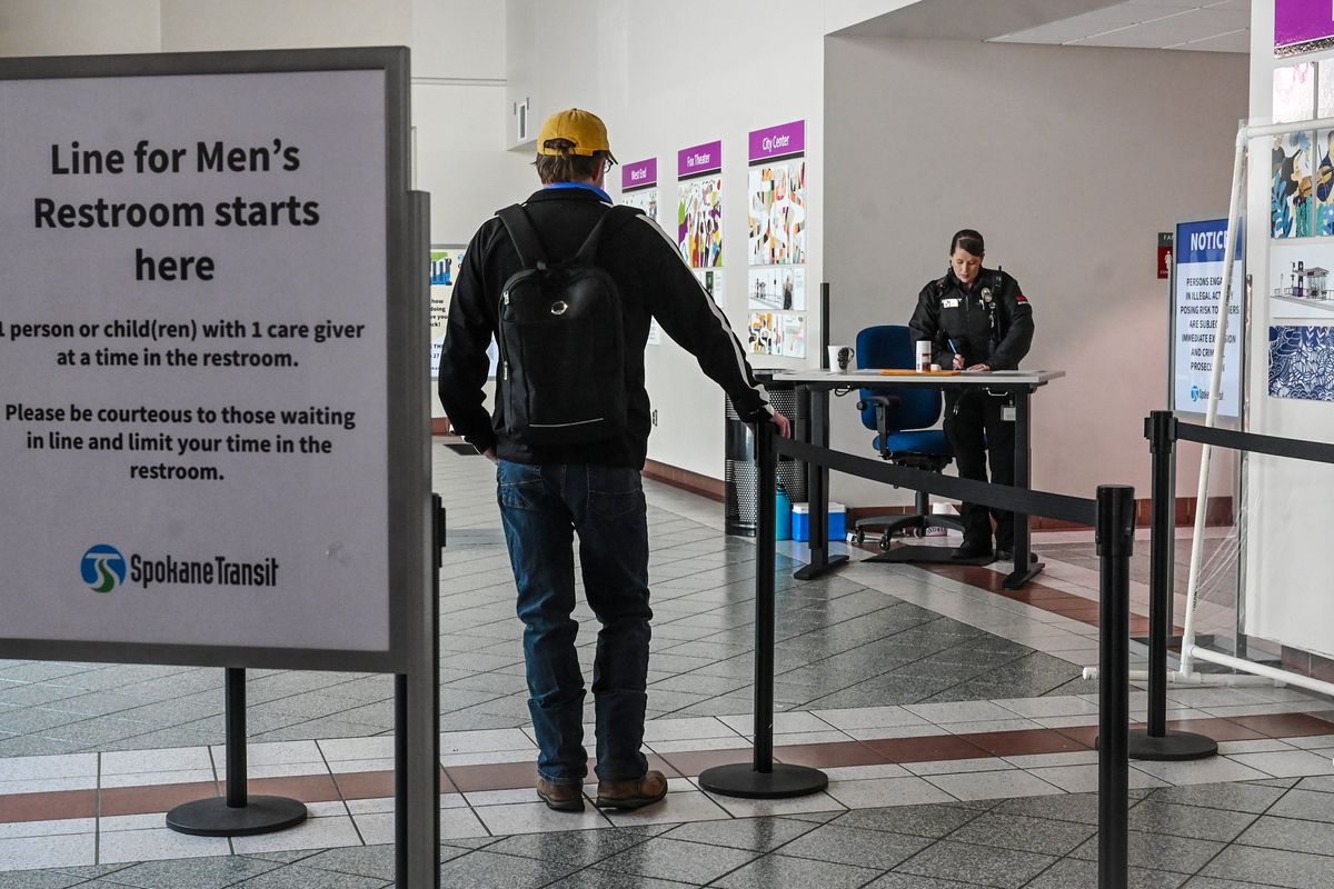 The second-floor restrooms at the STA Plaza are now open for use for one person at a time.  (DAN PELLE/THE SPOKESMAN-REVIEW)