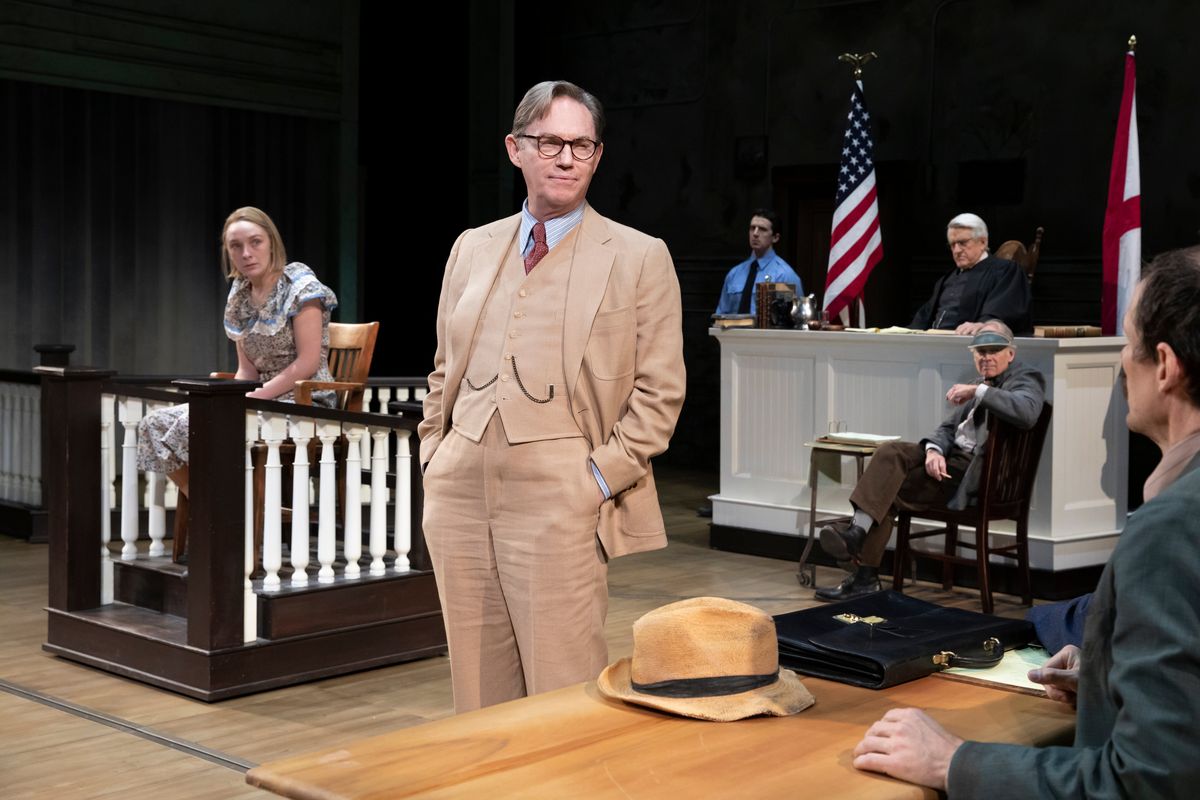 Left to right, Arianna Gayle Stucki (“Mayella Ewell”), Richard Thomas (“Atticus Finch”), Stephen Elrod (“Bailiff”), Richard Poe (“Judge Taylor”), Greg Wood (“Mr. Roscoe”) and Joey Collins (“Bob Ewell”) listen in a courtroom scene of “To Kill a Mockingbird.” The Aaron Sorkin play adaptation of the classic runs Tuesday through Sunday, Dec. 10, at the First Interstate Center for the Performing Arts in Spokane.  (Courtesy of Julieta Cervantes)