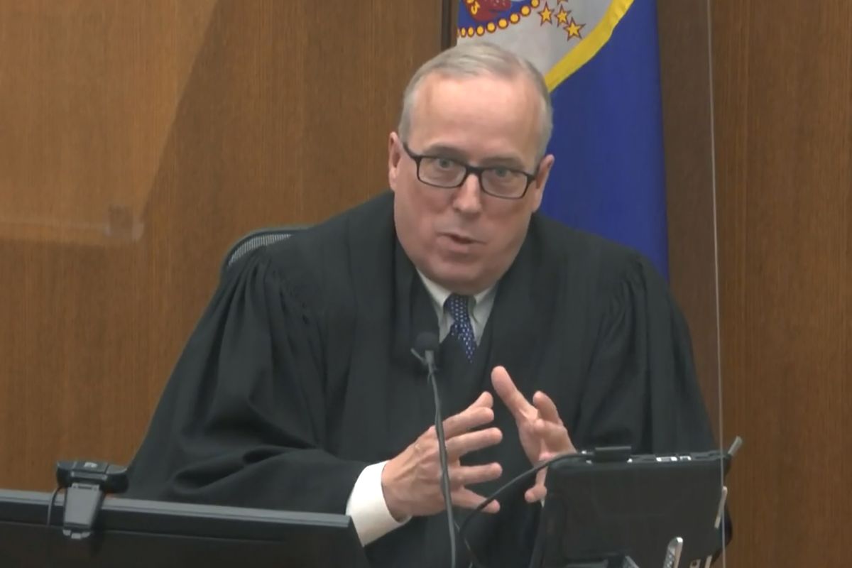 In this image from video, Hennepin County Judge Peter Cahill discusses motions before the court Monday, April 12, 2021, in the trial of former Minneapolis police Officer Derek Chauvin at the Hennepin County Courthouse in Minneapolis. Chauvin is charged in the May 25, 2020 death of George Floyd.  (POOL)