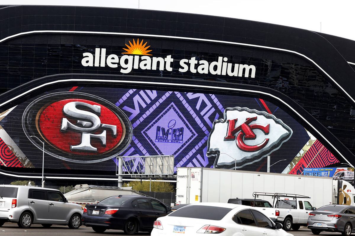 Allegiant Stadium is seen dressed up for the Super Bowl as preparations continue, on Feb. 2, 2024, in Las Vegas. Super Bowl LVIII will be played at Allegiant Stadium on Feb. 11, 2024.    (Bizuayehu Tesfaye/Las Vegas Review-Journal/TNS)