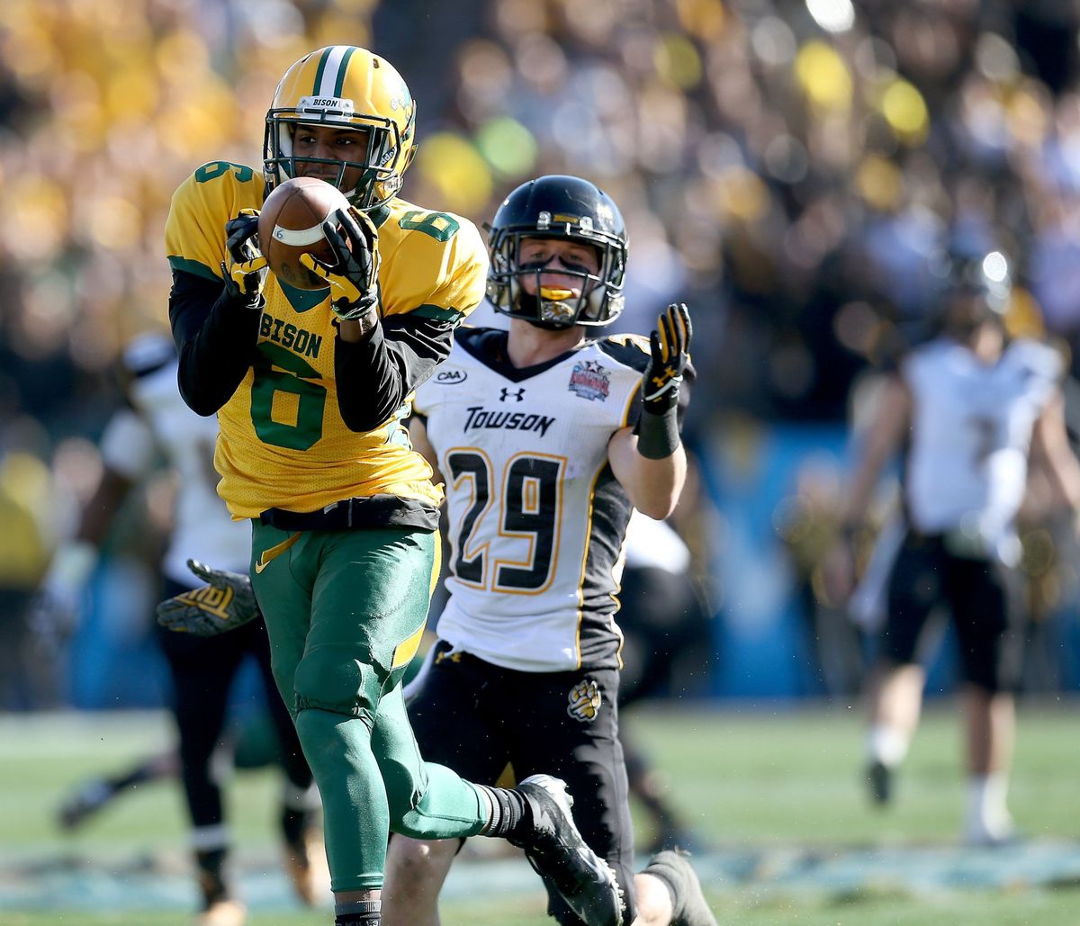 North Dakota State’s CJ Smith intercepts pass intended for Brian Dowling of Towson.