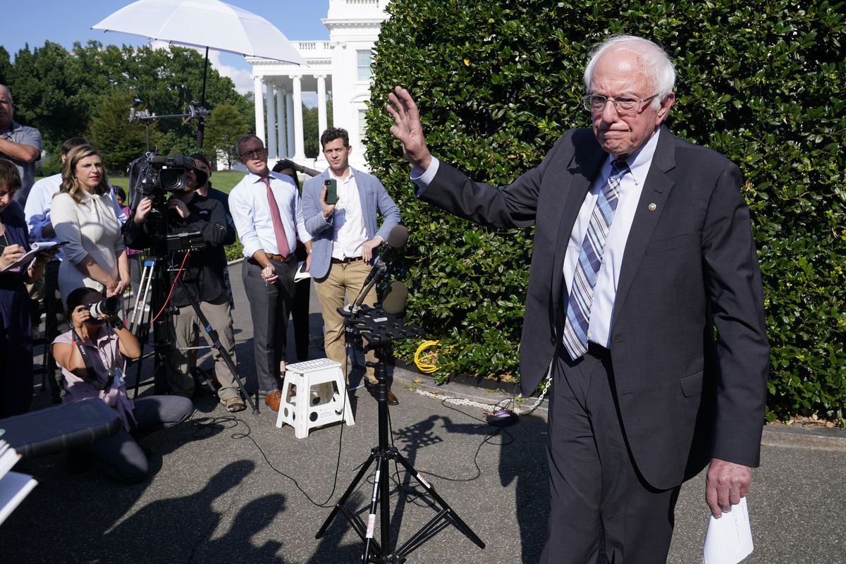 Sen. Bernie Sanders, I-Vt., finishes talking to reporters outside the West Wing of the White House in Washington, Monday, July 12, 2021, following his meeting with President Joe Biden.  (Susan Walsh)