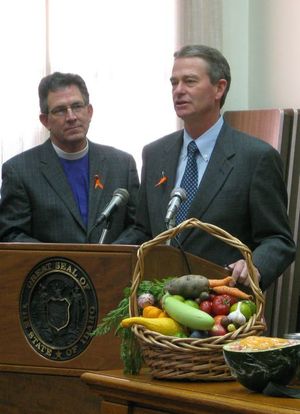 Idaho Lt. Gov. Brad Little, right, joins an array of religious leaders and anti-hunger activists to proclaim October as "Hunger Awareness Month" in Idaho. (Betsy Russell / The Spokesman-Review)