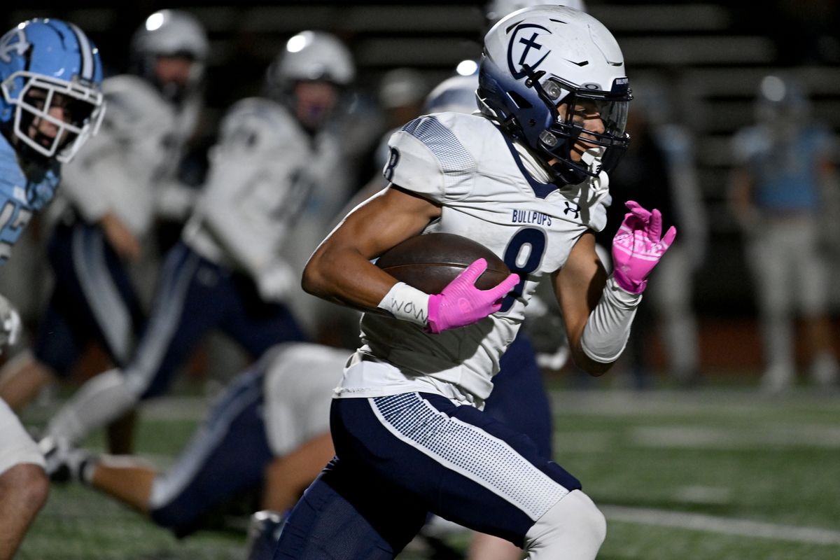 Gonzaga Prep running back Jonah Keller (8) runs the ball for a first down against Central Valley during the first half of a high school football game, Friday, Oct. 18, 2024, at Central Valley.  (Colin Mulvany/The Spokesman-Review)