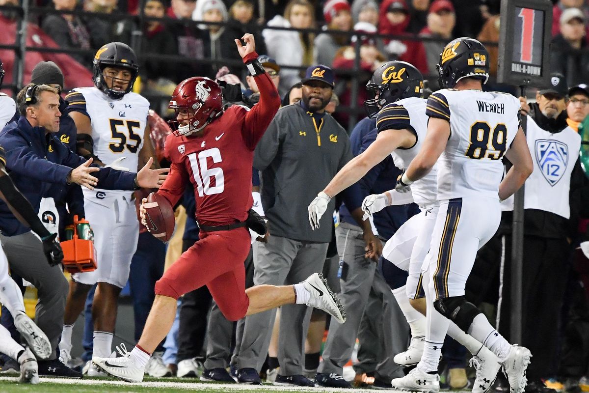 Washington State Cougars quarterback Gardner Minshew (16) runs the ball against Cal during the first half of a college football game on Saturday, November 3, 2018, at Martin Stadium in Pullman, Wash. (Tyler Tjomsland / The Spokesman-Review)