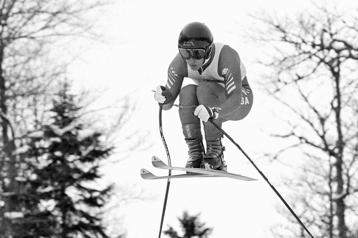 Bill Johnson skis during training run for the 1984 Olympics. He was the first American to win a downhill gold medal. (Associated Press)