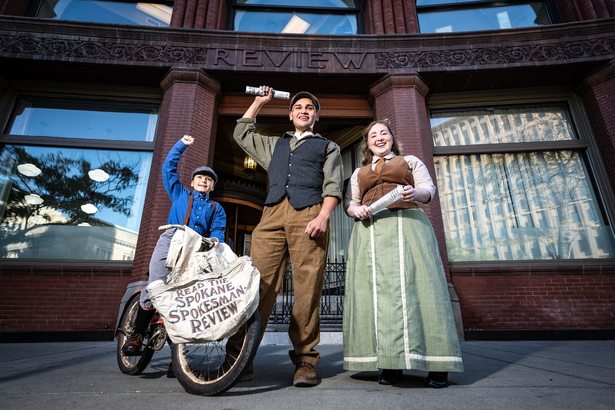 Spokane Children’s Theatre actors, left to right, Asher Milonas, John Jacob Bernal and Paige Hardy are featured in Spokane Children’s Theatre’s production of Disney’s “Newsies” that runs Friday through Oct. 28.  (COLIN MULVANY)