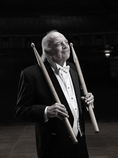 Peter Rivera, former drummer for the rock band Rare Earth, poses with oversized-drumsticks on Sept. 13, 2022, before the “Peter Rivera’s R&B CelebrateSymphony performance with Whithworth and Gonzaga University students at the Fox Theater.  (DAN PELLE/THE SPOKESMAN-REVIEW)