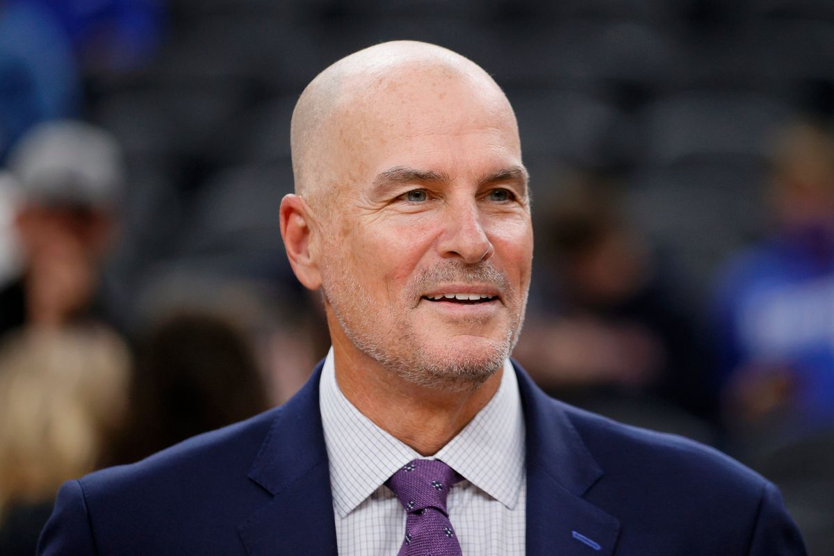 ESPN college basketball analyst Jay Bilas stands on court before calling the Nov. 26 game between Duke and Gonzaga at T-Mobile Arena in Las Vegas.  (Ethan Miller)