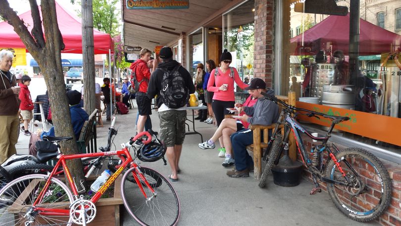 Bike to Work Day breakfast at Outdoor Experience Shop in downtown Sandpoint on May 14, 2014. (Rich Landers)