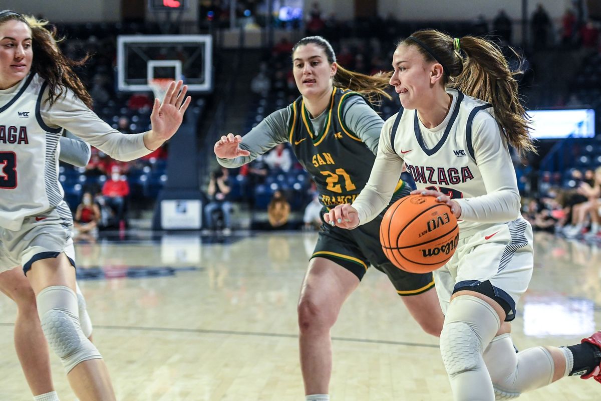 Gonzaga guard Cierra Walker turns the corner on San Francisco guard Ioanna Krimili, Feb. 7, 2022, in the McCarthey Athletic Center.  (Dan Pelle/THE SPOKESMAN-REVIEW)