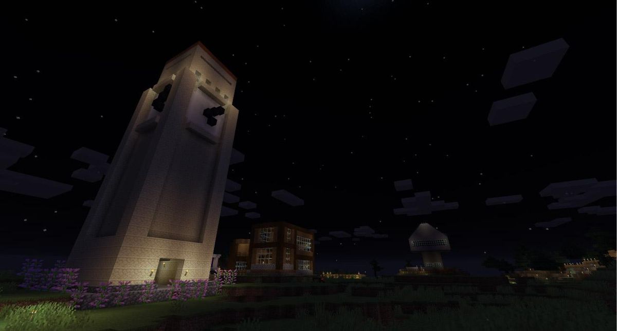 A Minecraft version of Riverfront Park’s iconic clocktower is seen in this March 31, 2020 photo. Justin Achziger started a Spokane-centric server of the popular online game as a way for schoolchildren and others to pass the time while stuck indoors. One younger player made this copy of the clocktower, Achziger said. (Justin Achziger)
