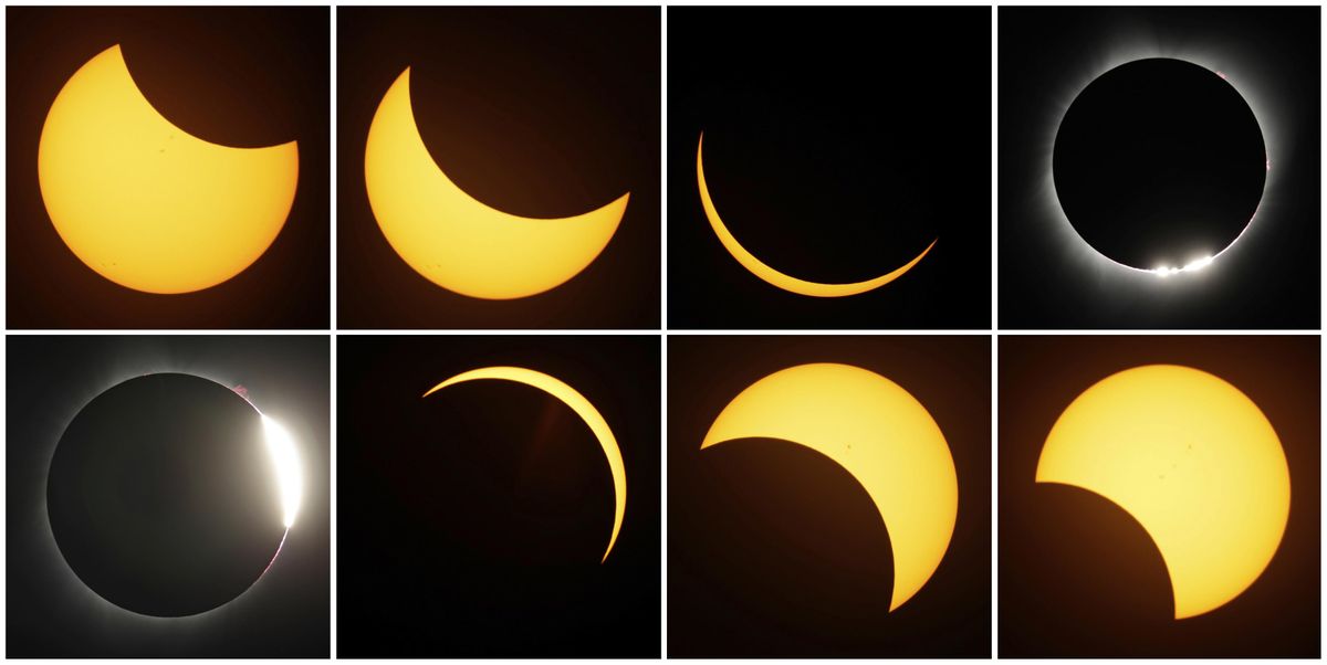 This eight picture combo shows the path of the sun during a total eclipse by the moon Monday, Aug. 21, 2017, near Redmond, Ore. (Ted S. Warren / Associated Press)