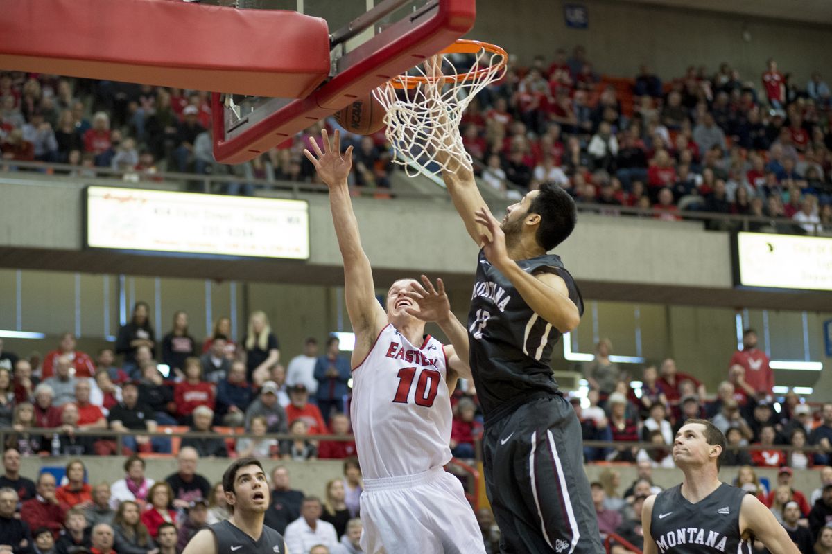 Parker Kelly lays ball in for Eastern Washington. (Tyler Tjomsland)