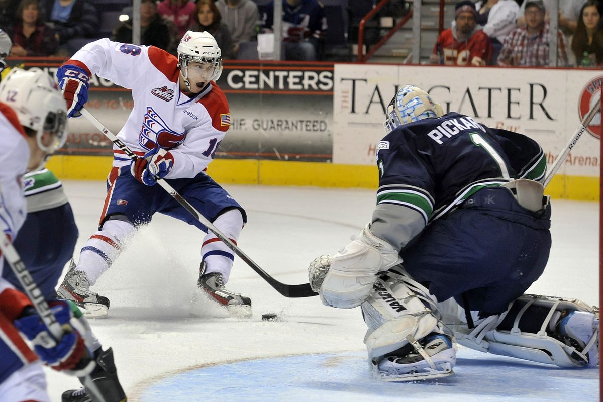 Mike Aviani scored earlier for Spokane, but missed this golden opportunity – as the Chiefs did often – against Seatte goalie Calvin Pickard. (Dan Pelle)