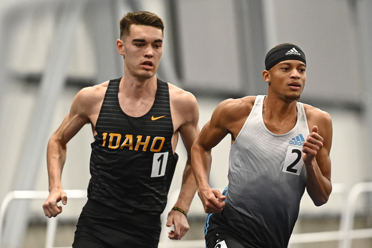 University of Idaho’s Lorenz Herrmann starts the men’s 800-meter run with Christian Harrison during Friday’s Lilac Grand Prix track and field competition at the Podium.  (James Snook)