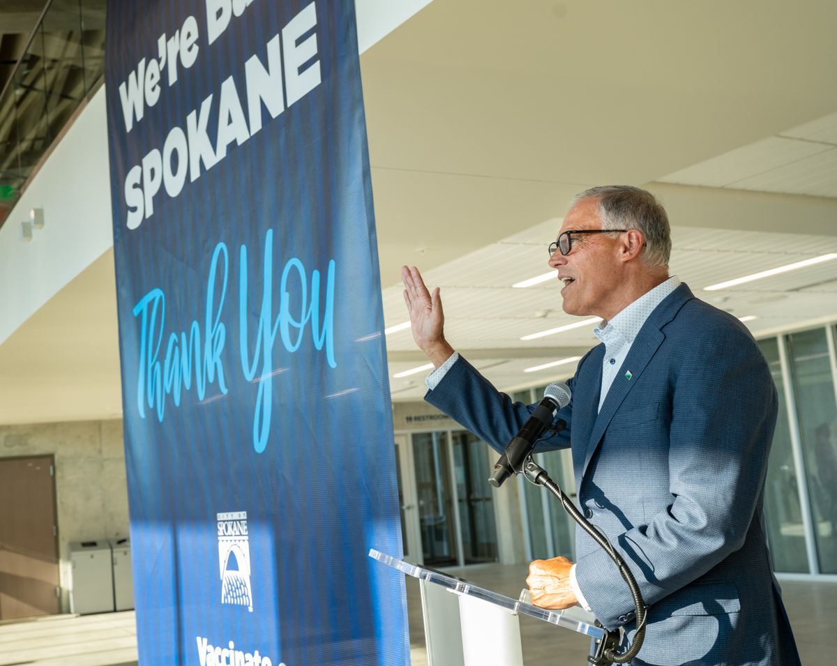 Gov. Jay Inslee speaks to the media about the lifting of government-imposed COVID-19 restrictions on Wednesday at the U.S. Pavilion in Spokane’s Riverfront Park.  (COLIN MULVANY/THE SPOKESMAN-REVIEW)
