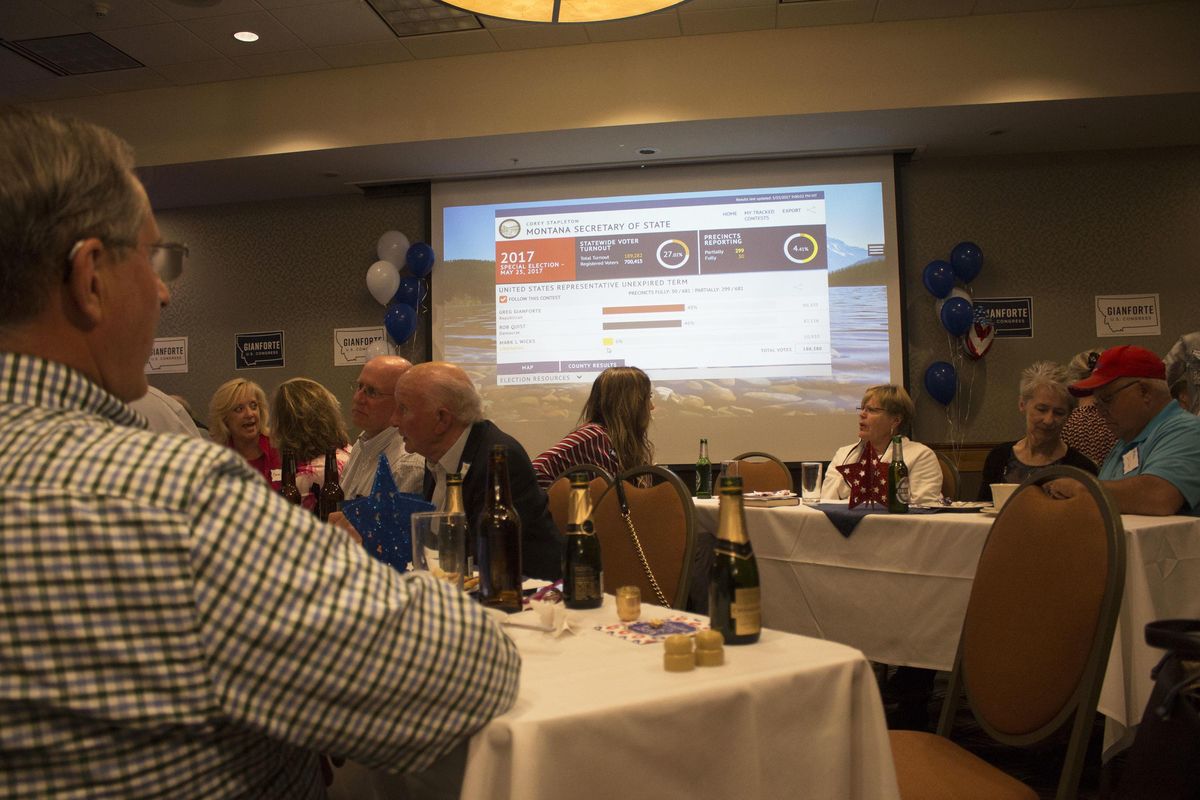 Supporters of Republican congressional candidate Greg Gianforte await returns on election night in a ballroom of a hotel in Bozeman, Mont., Thursday, May 25, 2017. Gianforte is seeking to become Montana’s sole member in the U.S. House. (Bobby Caina Calvan / Associated Press)