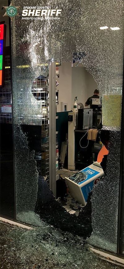 Damage to a Mobile Gas Station after it was robbed on Oct. 12 (Emma Epperly / The Spokesman-Review)