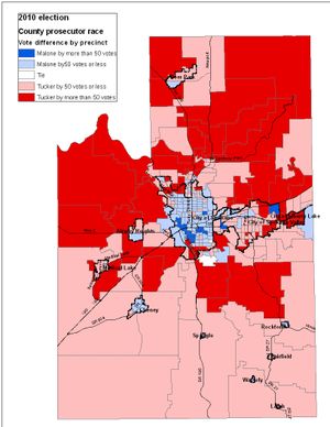 Map of Spokane County prosecutor race vote totals showing differences between Steve Tucker and Frank Malone. (Jim Camden/Spokesman-Review)