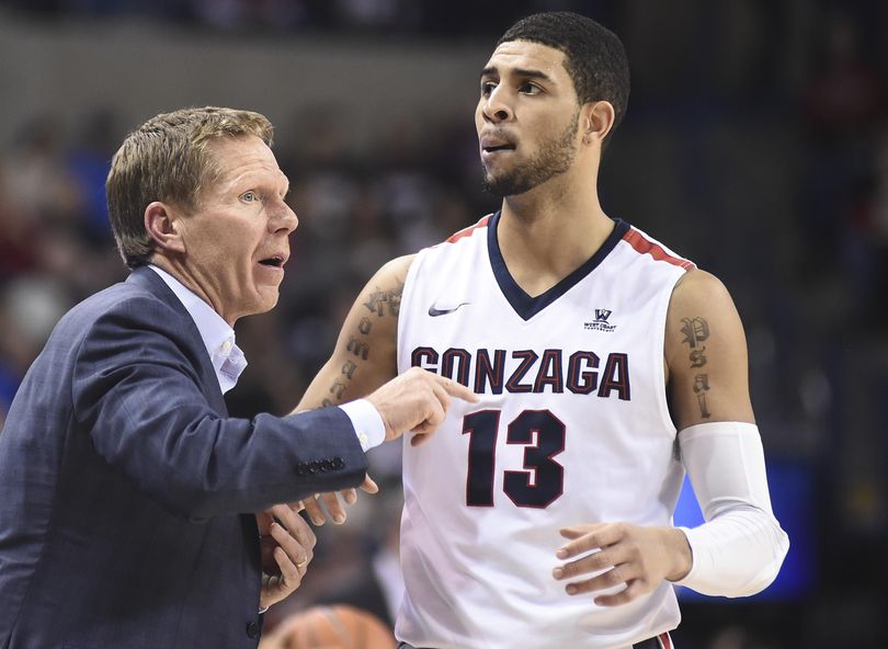 Gonzaga head coach Mark Few rallies guard Josh Perkins against Saint Mary's during the game in February. (Tyler Tjomsland / The Spokesman-Review)