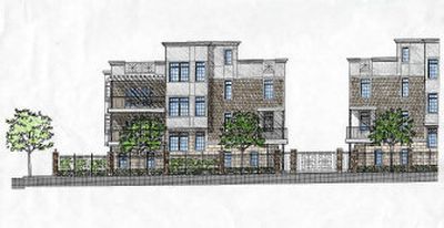 
This view of the planned Carnegie Square Townhouses is from Adams Street, looking west. The 10 condominiums are divided up into two buildings, with five in each. The three-story condominiums look out over First, Sprague and Adams, with access into garages and a courtyard from all three streets.
 (Wells and Co. / The Spokesman-Review)