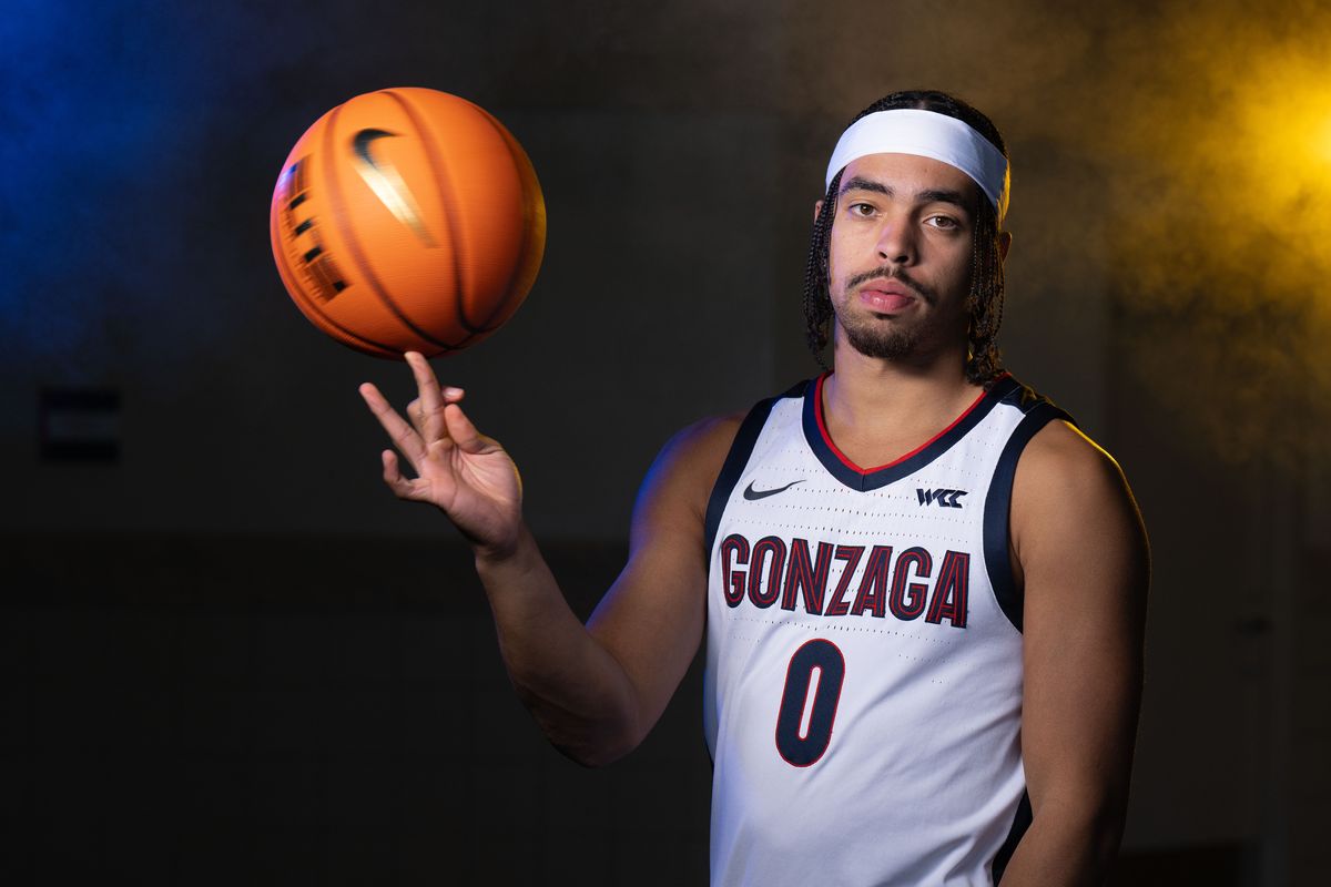 Gonzaga guard Ryan Nembhard ranks second nationally at 9.4 assists per game, behind Louisiana Tech’s Sean Newman Jr. (11.2).  (Colin Mulvany/The Spokesman-Review)