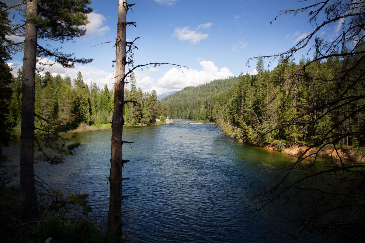 Outlet Dam on the Priest River as seen on June 18, 2022. An Idaho Department of Fish and Game proposal would shunt cold water from the depths of Priest Lake up and over the dam to cool the Priest River during the hottest times of year.  (Eli Francovich)