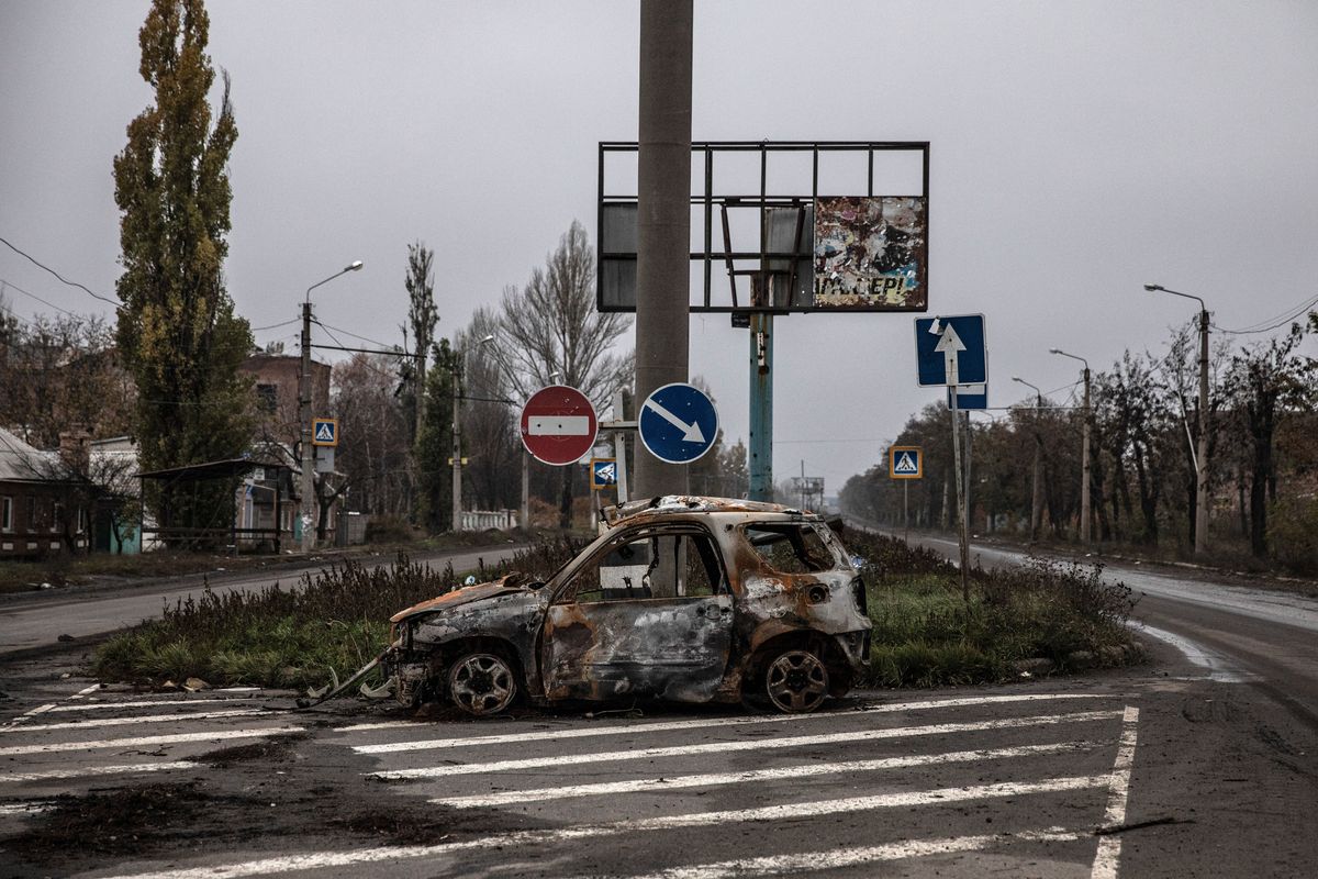 A burnt-out car in Bakhmut, a heavily-contested city in Ukraine