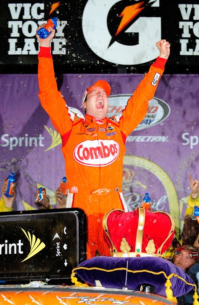 Kyle Busch celebrates winning the CROWN ROYAL presents The Russ Friedman 400 at Richmond International Raceway on his 24th birthday. (Photo Credit: Rusty Jarrett/Getty Images for NASCAR) (Rusty Jarrett / The Spokesman-Review)